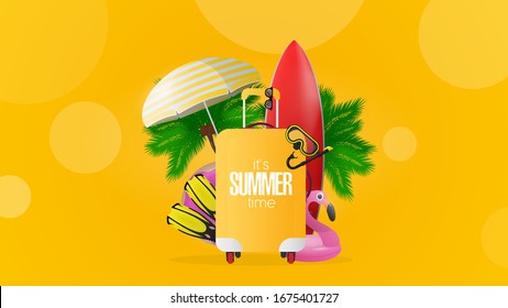 Composition on the theme of summer time. Yellow summer banner. Red surfboard, yellow suitcase for tourism, flippers, swimming mask, goggles, palm trees, umbrella, rubber rings for swimming. Vector.