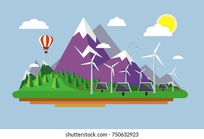 Composition on the topic of alternative energy. Wind turbines and solar panels. Vector illustration.
