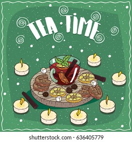 Composition on wooden board, tea with tube of cinnamon, spices and citrus, in transparent mug. Around the candles. Tea Time concept. Hand drawn comic style. Vector illustration
