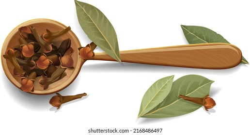 composition on a wooden boat with spices , - pepper peas and bay leaf