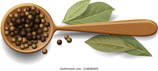 composition on a wooden boat with spices , - pepper peas and bay leaf