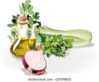 Composition with onion, parsley, celery and olive oil.