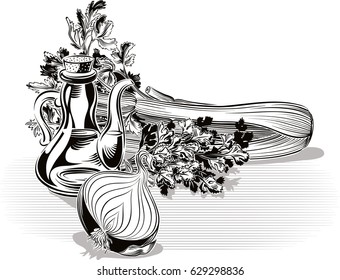 Composition with onion, parsley, celery and olive oil.
