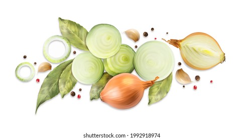 Composition of onion ring and onion halves. Bay leaves and hot peas. Vector illustration.