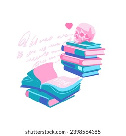 Composition of open and closed books with a human skull on top