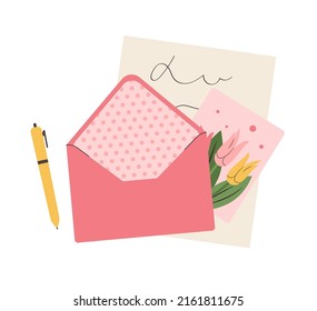 Composition Open Envelope With Paper Handwritten Letter And Greeting Postcard With Flowers. Correspondence, Mail Post Card With Flowers. Flat Vector Illustration Isolated On White Background