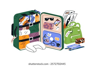 Composition of open full suitcase with clothes, travel items. Concept of tourism. Hand luggage for journey to London. Baggage, bag for trip, tour. Flat isolated vector illustration on white background