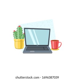 Composition with an open laptop coffee and a plant. Online work or education concept. Flat vector illustration isolated on white