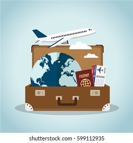 Composition with a open suitcase, passport, boarding pass, plane and the world. Holidays and travel concept. Vector illustration.