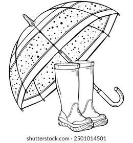 Composition with an open umbrella and rubber boots. Autumn and rain protection. Vector illustration in hand drawn sketch doodle style. Line art isolated on white for coloring book, print