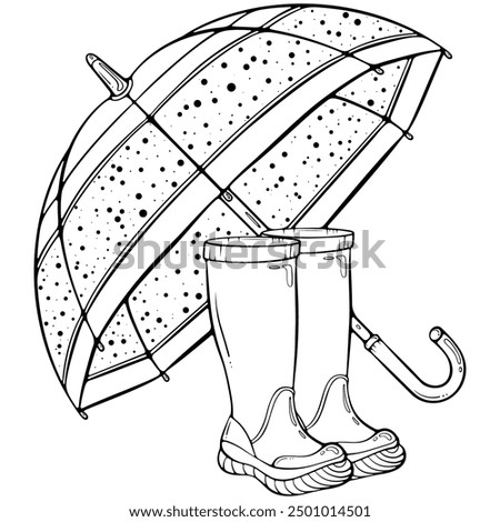 Composition with an open umbrella and rubber boots. Autumn and rain protection. Vector illustration in hand drawn sketch doodle style. Line art isolated on white for coloring book, print