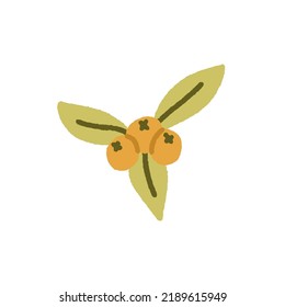 Composition of orange berries with leaves. Ashberry or rowan illustration. Hand drawn cartoon drawing. Vector autumn element isolated on white background. 