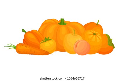 Composition from orange food on a white background. Vector. Vegetables and fruits in various shades of orange.