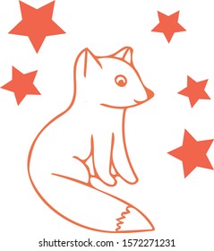 composition orange fox and stars hand drawn doodle style. Scandinavian simple style.