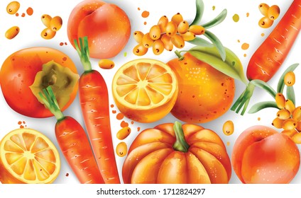 Composition of orange fruits and vegetables. Oranges, carrots, pumpkin, peaches and pyracantha berries