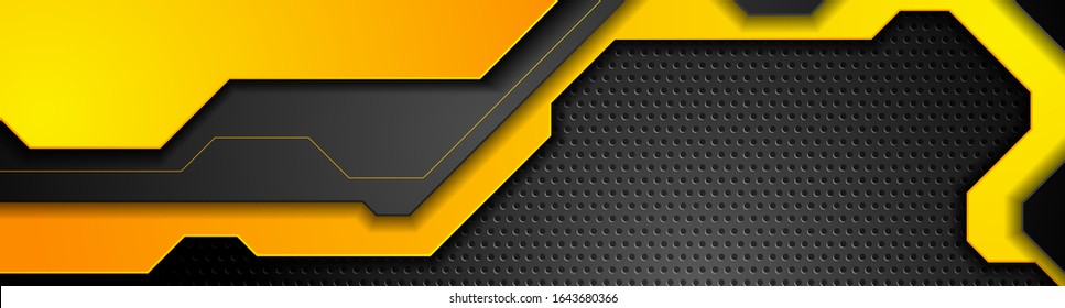 Composition of orange futuristic elements on black background. Chrome metallic perforated texture design. Technology geometric illustration. Vector header banner