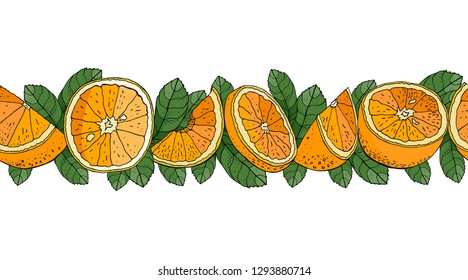 Composition of Orange. Orange Isolated on white background. Vector hand drawn  illustration.  Design element for logo, label, emblem, sign, poster, menu, t shirt
