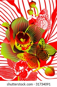 composition from orchids and butterflies on a red background