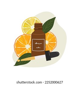 Composition with organic cosmetic products in bottle for skin care with abstract shape and greenery, orange, lemon. Pipette and serum, oil, cream product. Hand draw vector illustration