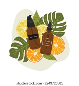 Composition with organic cosmetic products in bottles for skin care with abstract shape and greenery, orange, lemon. Tonner, serum, oil, cream product. Hand draw vector illustration