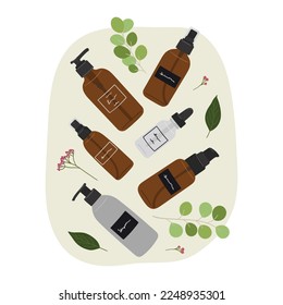 Composition with organic cosmetic products in bottles, jars for skin care with abstract shape and greenery. Cleanser, tonner, serum, oil, cream product. Hand draw vector illustration