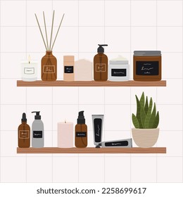 Composition with organic cosmetic products in bottles, jars for skin care, aroma diffusor, aloe plant on bathroom shelves. Cleanser, tonner, serum, oil, cream product. Hand draw vector illustration