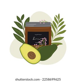 Composition with organic cosmetic products in jar for skin care with abstract shape and greenery, avocado. Serum, oil, cream product. Hand draw vector illustration