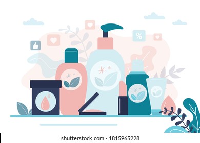Composition with organic cosmetics. Various bottles, tubes and jars for skincare. Set of female cosmetics: gels,lotions and creams for body care. Concept of natural products. Flat vector illustration