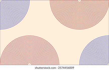 A composition of overlapping concentric circles in red and blue on a beige background. The geometric symmetry convey a vintage aesthetic. Ideal for poster backgrounds, or book covers.