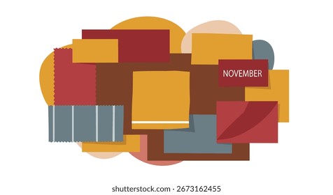 Uma composição de blocos geométricos sobrepostos e formas em cores quentes do outono, incluindo um retângulo com a palavra novembro