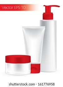 Composition of packaging containers red color, cream, beauty products set.