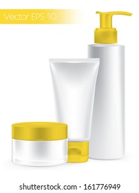 Composition of packaging containers yellow color, cream, beauty products set.