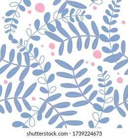 Composition of painted blue branches, leaves and pink spots, seamless pattern, ideal for drawing for fabric or decor