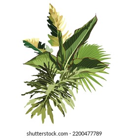 Composition of palm leaves, exotic plants. Art print for travel, fashion, spa and wellness, weddings.