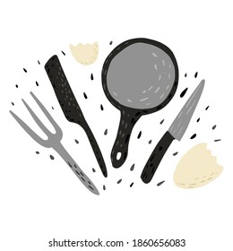 Composition pan with fork,knife and eggshell on white background. Tool cooking in doodle vector illustration.