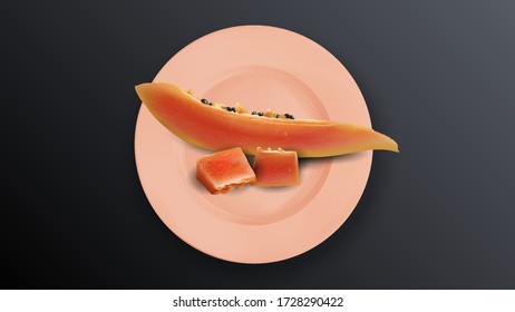 Composición de rodajas de papaya en un plato rosa.