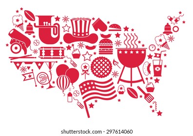 Composition with patriotic symbols arranged in a shape of USA map.