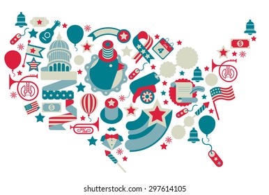 Composition with patriotic symbols arranged in a shape of USA map