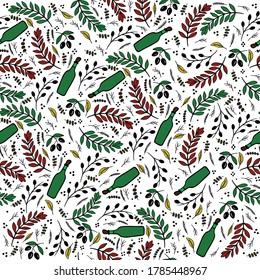 Composition pattern with leaves olives herbs spices bottle oil green red black brown