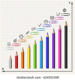 Composition of Pencils, Clips and Business Icons in Form of a Diagram. Set of Colorful Realistic Pencils, Paperclips and Signs.