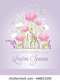 Composition with peonies, lavender and wild flowers. Card. Vector illustration