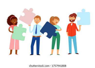 Composición, gente con rompecabezas en sus manos, equipo de negocios de concepto brillante, diseño, ilustración vectorial de estilo caricatura. Motivación trabajando en el cargo, cooperación de ideas hombres, resolución de problemas de mujeres