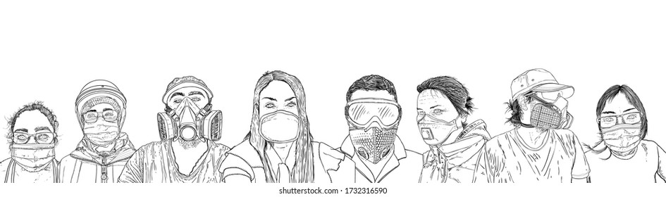 Composition of people in protective medical face masks, New Normal social concept, Crowd of men and women wearing protection from coronavirus COVID-19 virus and urban air pollution. Vector.