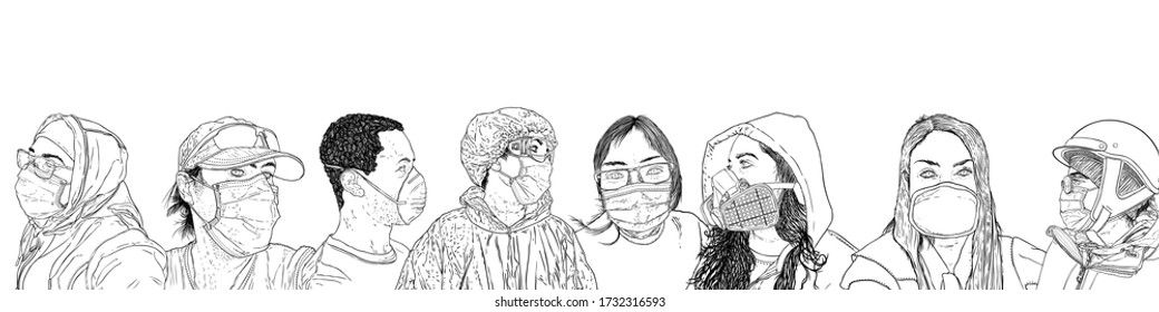 Composition of people in protective medical face masks. New Normal social concept, Crowd of men and women wearing protection from coronavirus COVID-19 virus and urban air pollution. Vector.