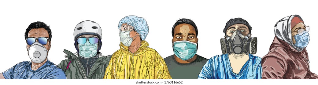 Composition of people in protective medical face masks. New Normal social concept, Crowd of men and women wearing protection from coronavirus COVID-19 virus and urban air pollution. Vector.