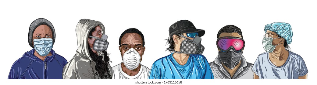 Composition of people in protective medical face masks. New Normal social concept, Crowd of men and women wearing protection from coronavirus COVID-19 virus and urban air pollution. Vector.