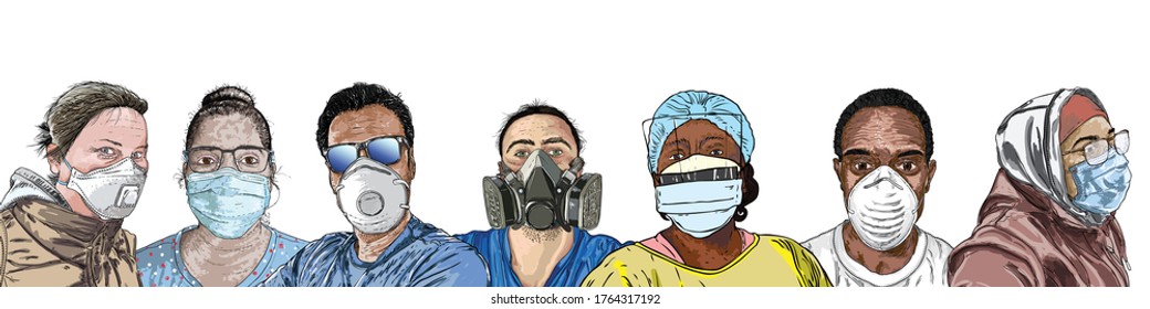 Composition of people in protective and medical face masks. Prevention and quarantine from infections, flu contaminated air pollution. COVID-19 new normal social concept. Hand drawn Vector.