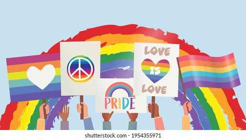 Composition of people with rainbow flags and posters over rainbow on blue background. lgbtq, equality and human rights concept digitally generated image.