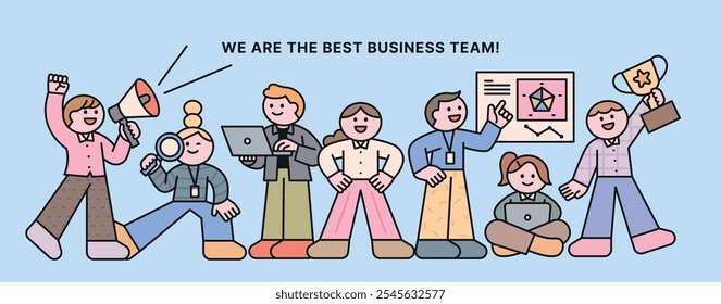 A composition of people standing in a row in an office, expressing their opinions, showing confidence in their success, and working. Cuttiny character with outline.