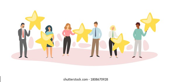 Composition people star, top positive concept, online application, characteristic buyer, design, cartoon style vector illustration. Reputation customer, banner user, best rating, scale activity.
